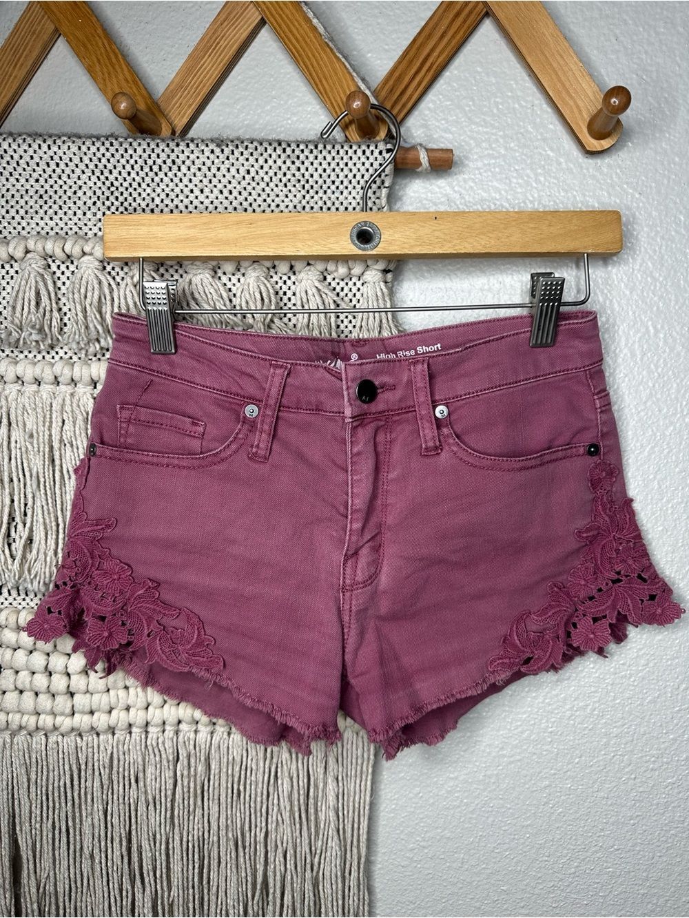 Mossimo Supply Co. Maroon Crochet Trim High-Rise Jean Shorts
